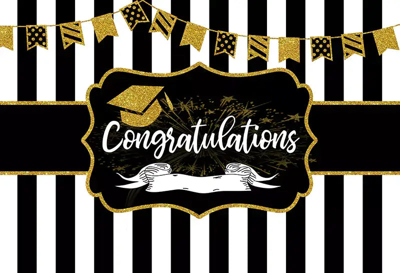 Black and gold graduation backdrop with striped design and "Congratulations" message, perfect for parties