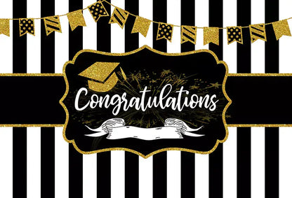 Black and gold graduation backdrop with striped design and "Congratulations" message, perfect for parties