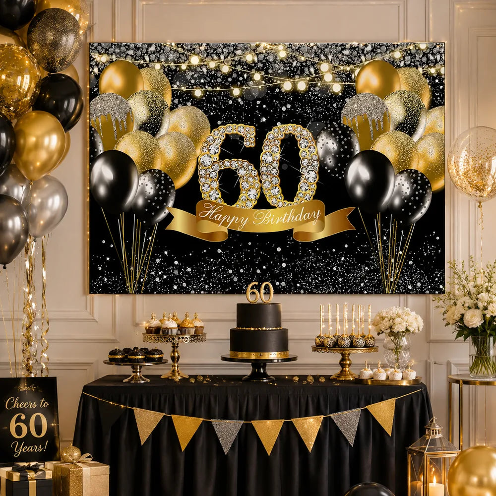 Black and gold 60th birthday backdrop with jeweled number 60, elegant balloons, sparkling lights and Happy Birthday lettering for a milestone celebration.