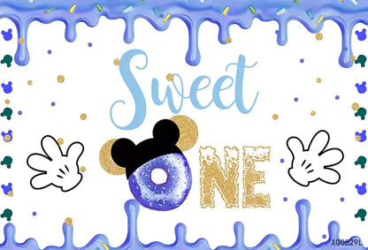 Adorable Mickey Mouse Sweet One donut party backdrop, ideal for 1st birthday celebrations and photoshoots