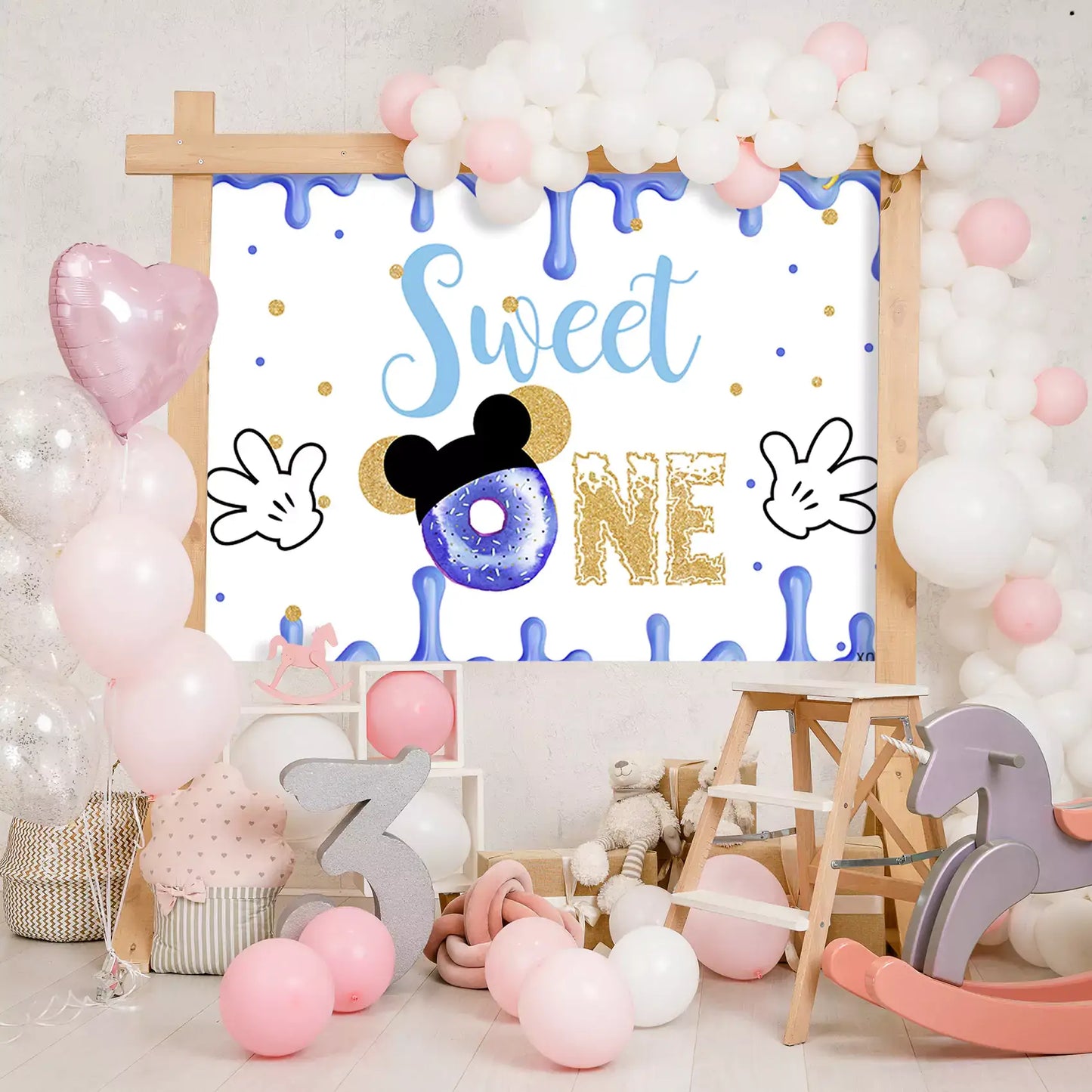 Sweet One Mickey Mouse-themed birthday backdrop with blue donuts and festive design, perfect for 1st birthday parties