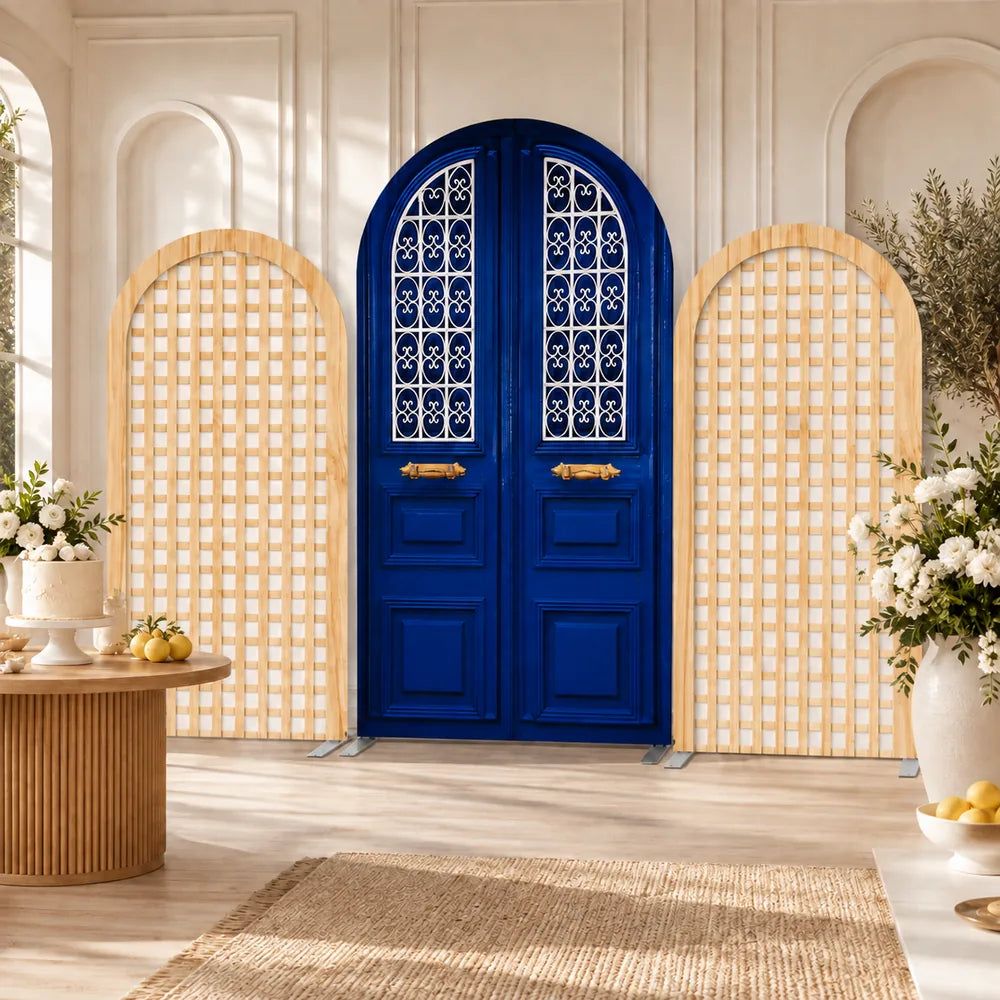 Three-piece arch backdrop covers set with a royal blue European double door design and two natural wood lattice print panels with solid white backgrounds.