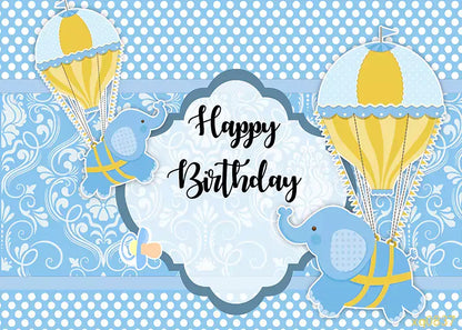 Blue elephant and hot air balloon themed happy birthday backdrop with polka dots and floral damask pattern