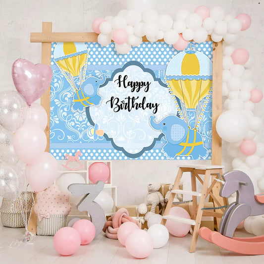 blue elepangt floral damask happy birthday photography backdrop decorations