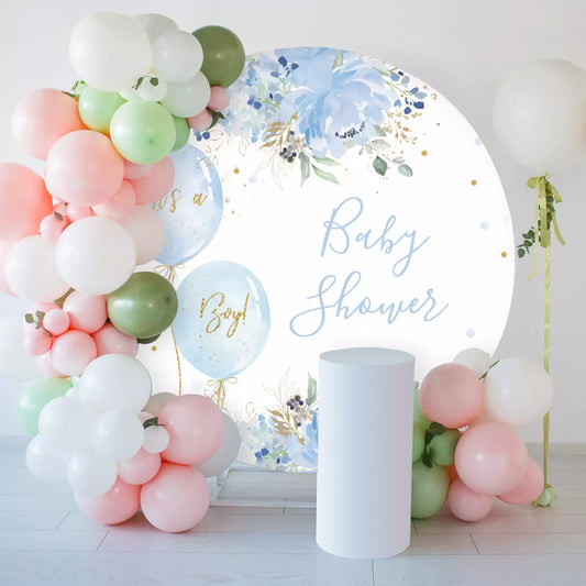 Round baby shower backdrop with 'It's a Boy' theme, featuring blue floral designs and pastel balloons in pink, white, and green arranged around the edges