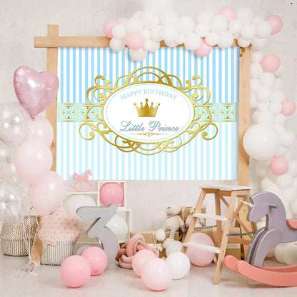 blue strip little prince with gold crown happy birthday photography backdrop decorations