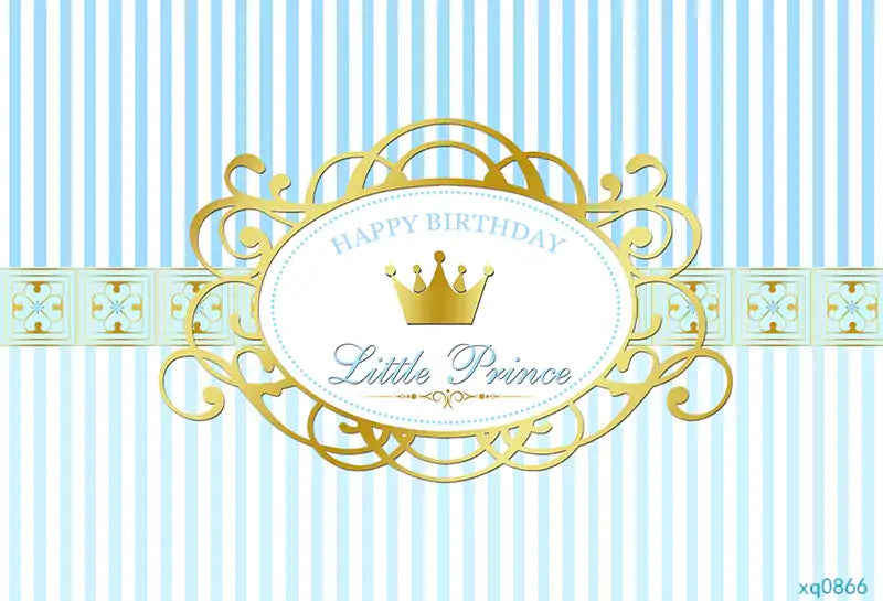 a little prince happy birthday photography backdrop features blue striped and gold crown