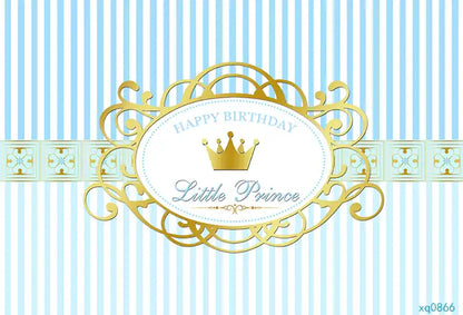 a little prince happy birthday photography backdrop features blue striped and gold crown