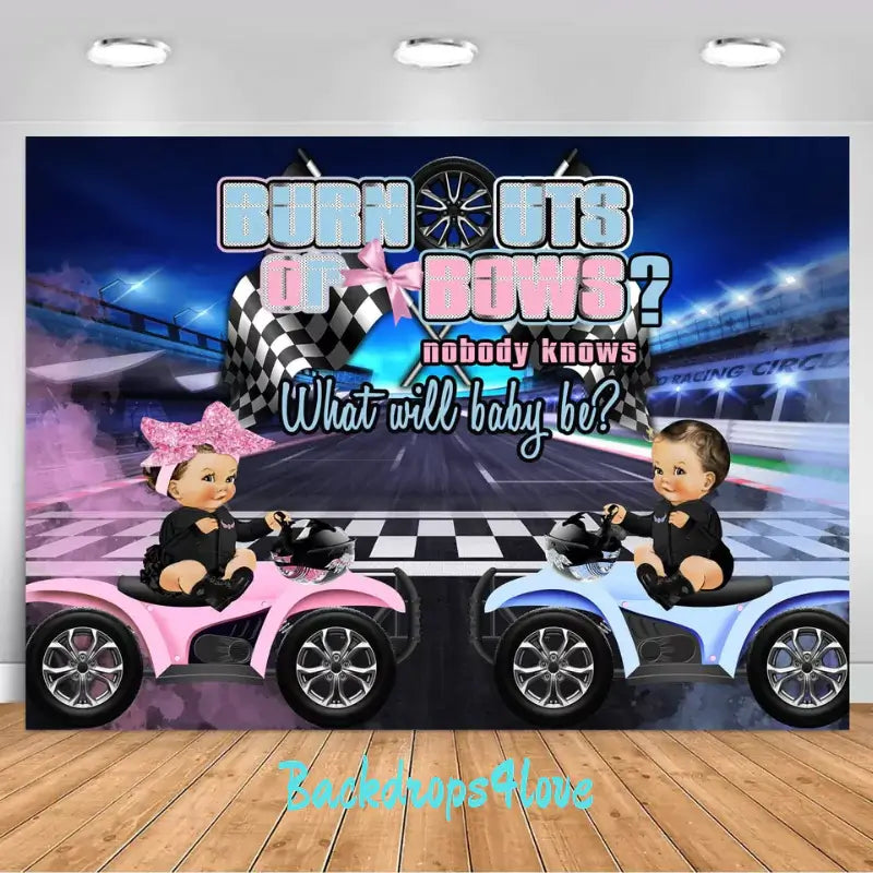 Burnouts or Bows gender reveal party backdrop with racing theme, checkered flags, and toy vehicles.