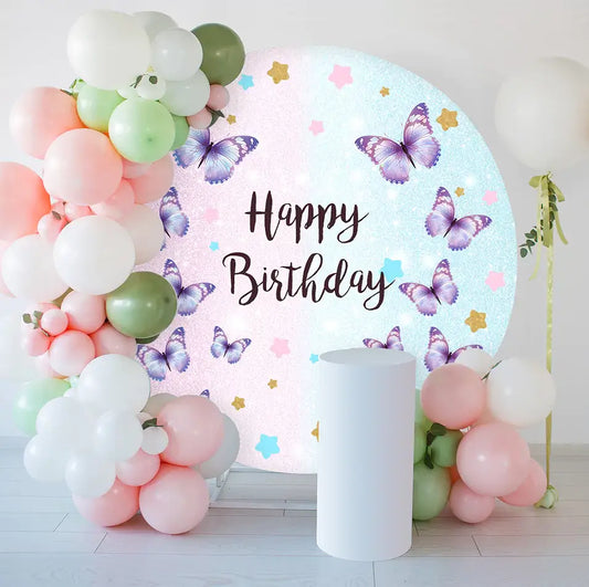 butterfly gilltter pink blue happy birthday round backdrop decorations