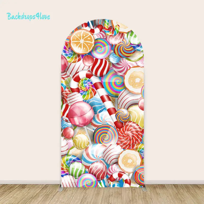 Right arch with colorful candy design featuring lollipops, candy canes, and sweets