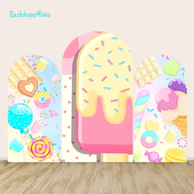 A playful backdrop set of ice cream, lollipops, and colorful candies, featuring pastel hues and fun details, ideal for birthday parties, candy-themed events, and sweet celebrations.
