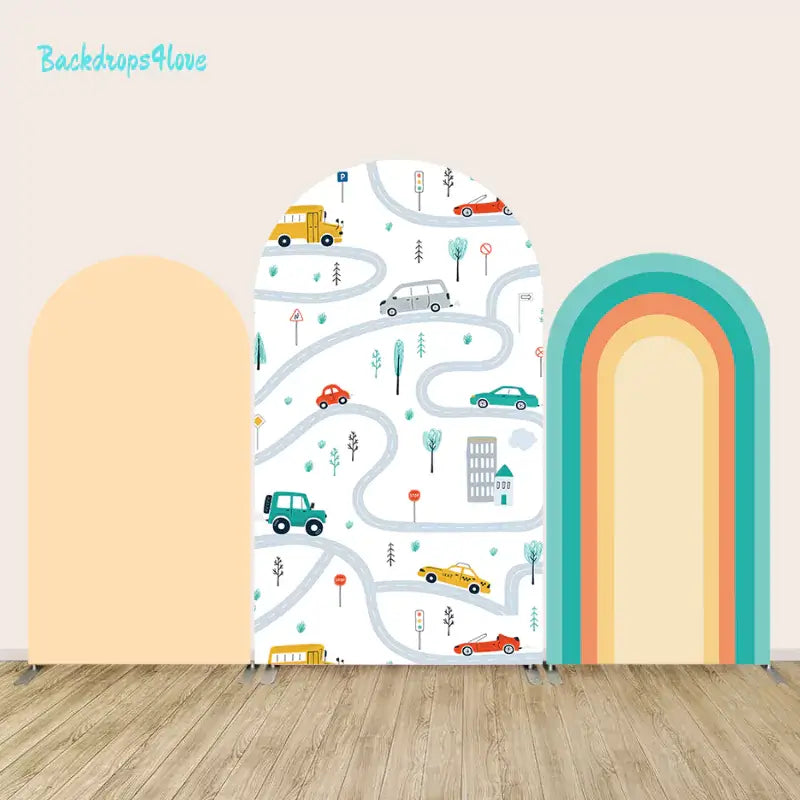 Cars and roads-themed arch backdrop set with three panels featuring a minimal solid peach design, a playful roadway with cars, and a colorful rainbow design, perfect for kids' birthdays and events.