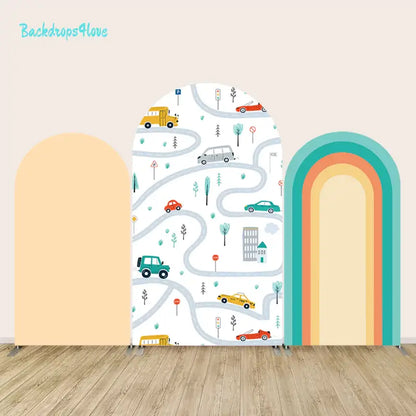 Cars and roads-themed arch backdrop set with three panels featuring a minimal solid peach design, a playful roadway with cars, and a colorful rainbow design, perfect for kids' birthdays and events.