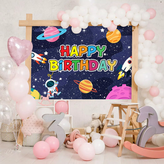 Cartoon Astronaut Planets Stars Space Theme Happy Birthday Banner