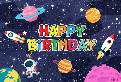 Cartoon Astronaut Planets Stars Space Theme Happy Birthday Banner