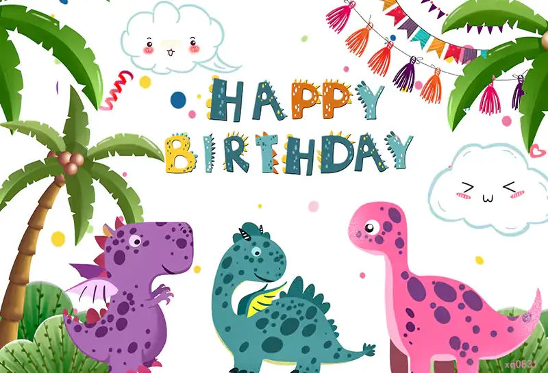 Fun and colorful dinosaur birthday party backdrop, ideal for children's celebrations and photoshoots