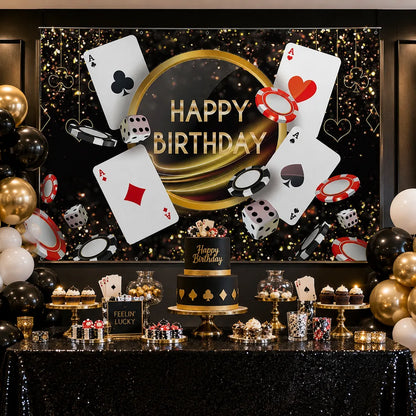 Black and gold casino Happy Birthday backdrop with playing cards, poker chips, dice and sparkling party details for an adult birthday celebration.