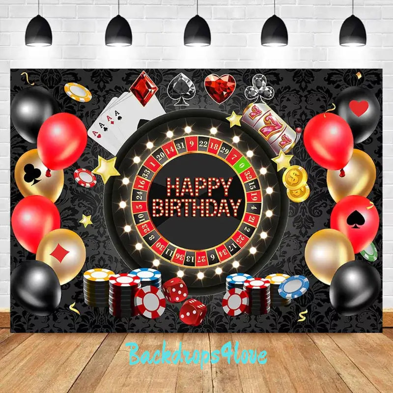 Casino-themed birthday backdrop with a roulette wheel, poker chips, and playing cards.