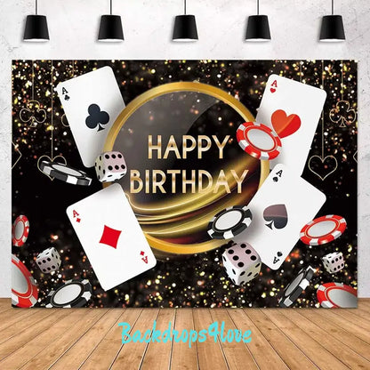 Casino-themed birthday backdrop featuring playing cards, poker chips, dice, and a golden Happy Birthday design.