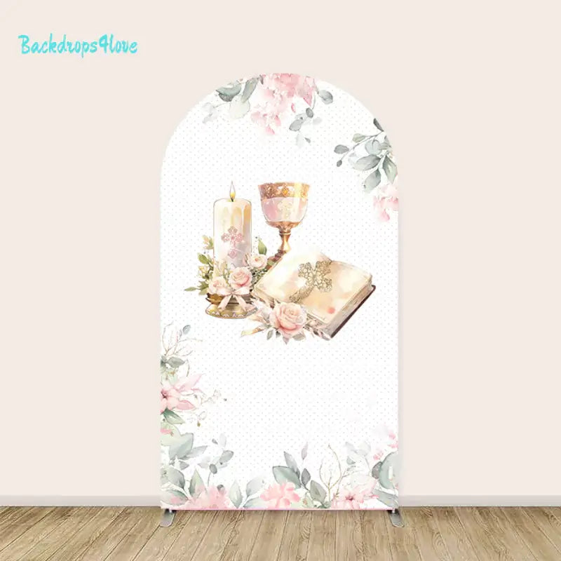 Right arch panel of the First Communion backdrop set featuring a chalice, a candle, a Bible, and pink and white floral accents.