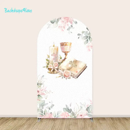 Right arch panel of the First Communion backdrop set featuring a chalice, a candle, a Bible, and pink and white floral accents.