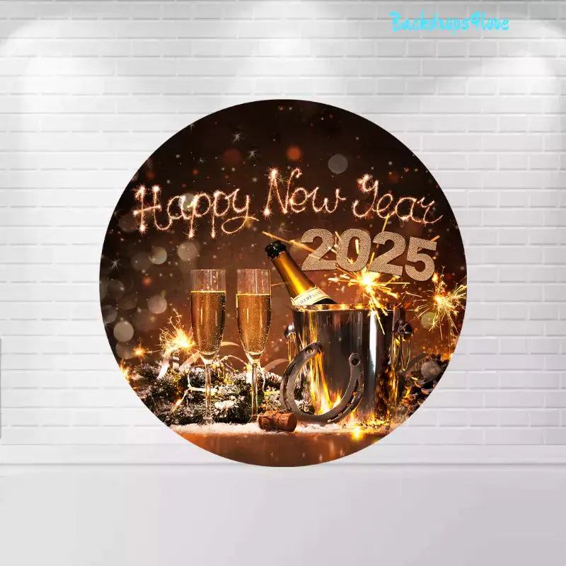 Round Happy New Year 2025 backdrop with champagne glasses, sparklers, and festive decorations.