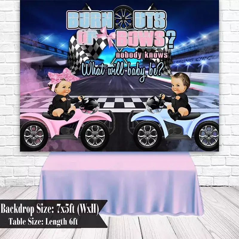 Burnouts or Bows backdrop with gender reveal design, including a race track, vehicles, and pink and blue elements.