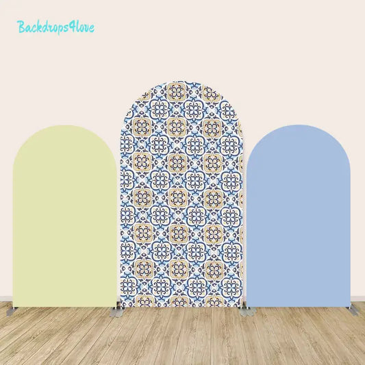 Set of three arch panels with blue and yellow tile design, solid yellow, and blue colors.