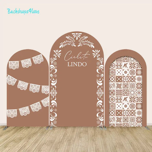 Cielito Lindo Mexican-themed arch backdrop set with three panels featuring papel picado designs, traditional tile patterns, and floral accents, perfect for cultural celebrations.