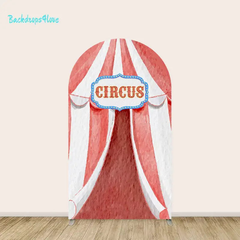 Middle arch displaying a red and white circus tent with a 'Circus' sign