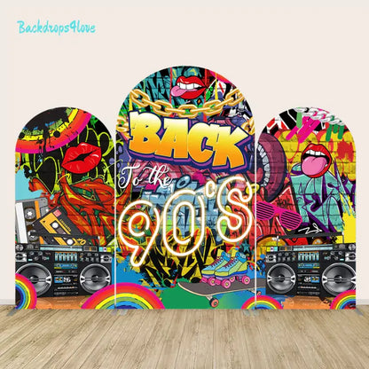 Three-panel backdrop set featuring vibrant graffiti, neon designs, and 90s-themed elements like boomboxes, roller skates, and cassette tapes, perfect for retro events.