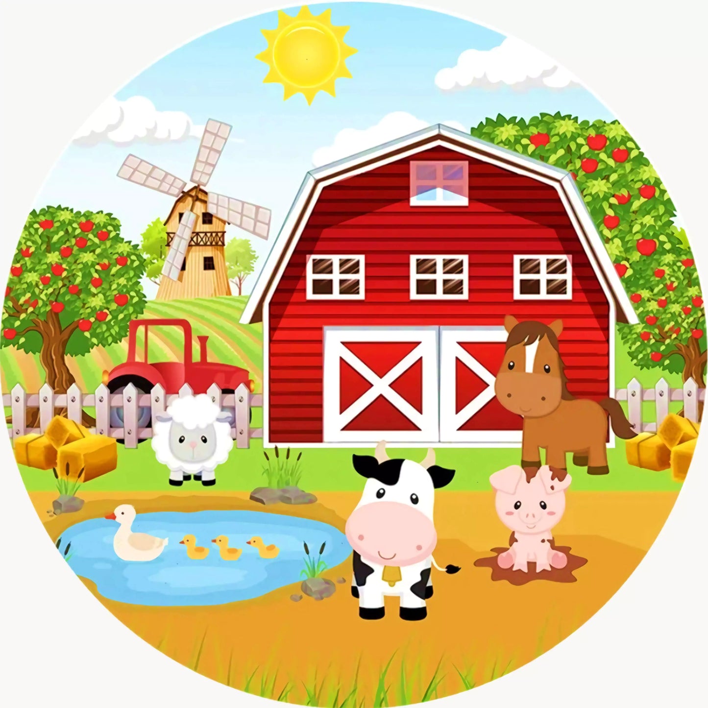 Colorful barnyard animals round backdrop, perfect for kids' parties, with a farm scene including a barn, animals, and a pond