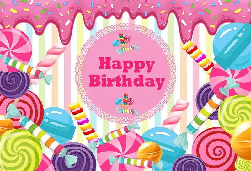 Colorful Happy Birthday backdrop with a candy theme, featuring lollipops, candies, and a pink icing design with sprinkles. Ideal for kids' birthday party decorations and photo booth props.