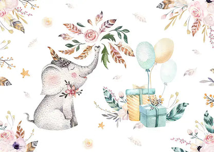 Adorable baby elephant and balloons photography backdrop with floral elements, ideal for newborn and children's photoshoots