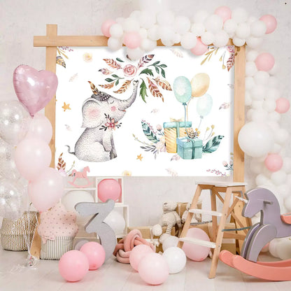 Cute baby elephant nursery backdrop with balloons and floral designs, perfect for baby showers and kids' parties