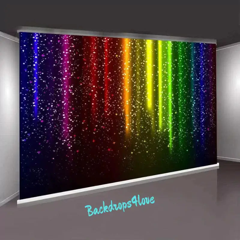 Vibrant rainbow glitter backdrop with shimmering colors, including red, yellow, green, and blue, perfect for adding excitement to party and event photos.