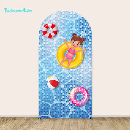 Arch backdrop featuring a girl in a pink swimsuit floating in a yellow pool ring with lifebuoys and pool tiles.