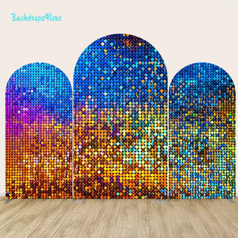 Colorful three-piece sequin arch backdrop set for events