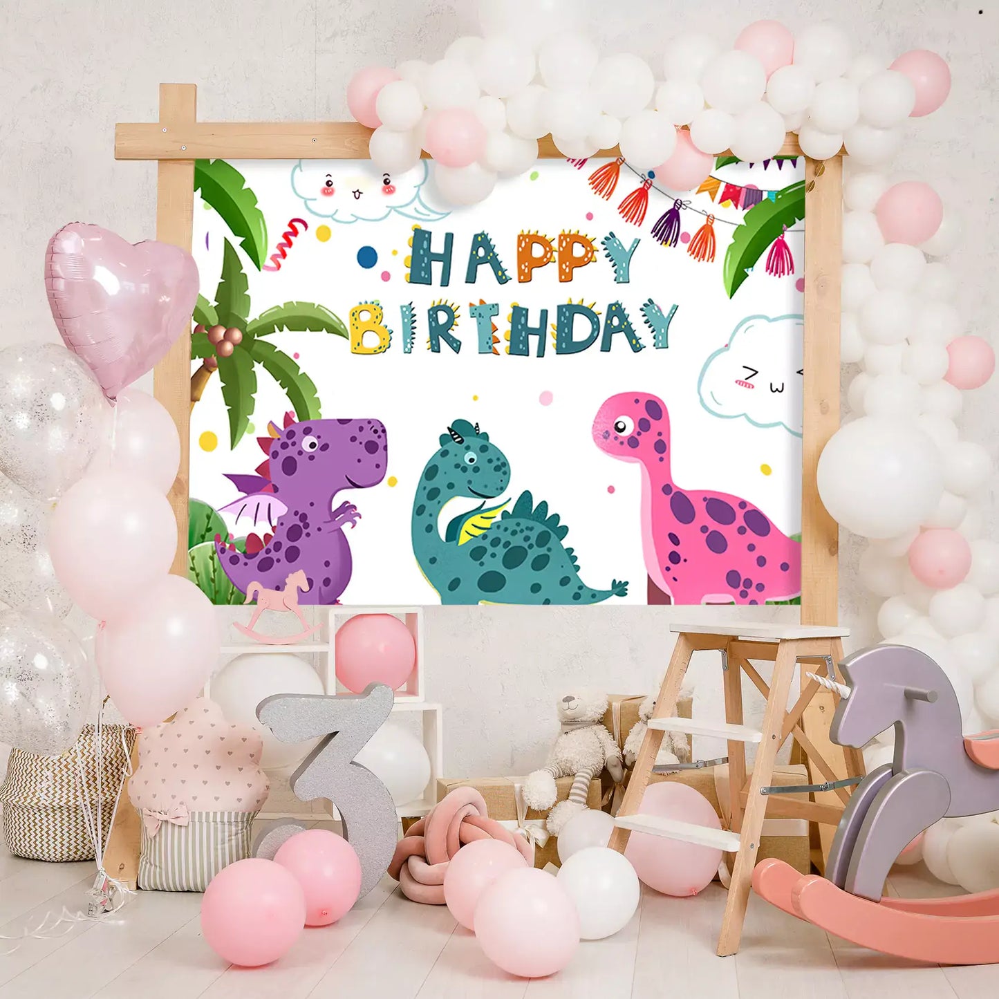 Dinosaur-themed happy birthday backdrop with cute dinos and colorful decorations, perfect for kids' parties