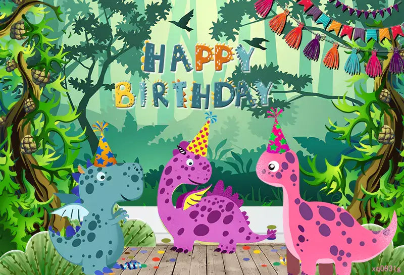 Colorful dinosaur birthday party backdrop with cute cartoon dinosaurs and "Happy Birthday" text, perfect for kids' party decorations and photography