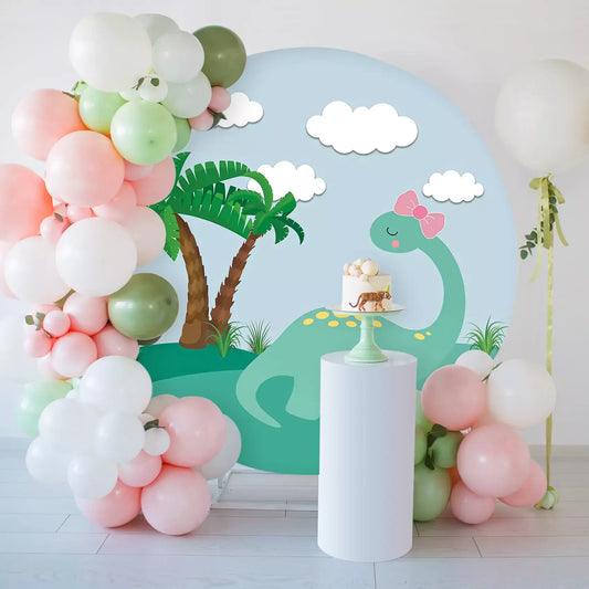 Cute dinosaur-themed round birthday backdrop with an adorable dino and colorful decorations, perfect for kids' parties