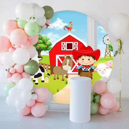 Cute farm animal and cowboy party backdrop with a vibrant barnyard scene, featuring a red barn, cow, horse, and more