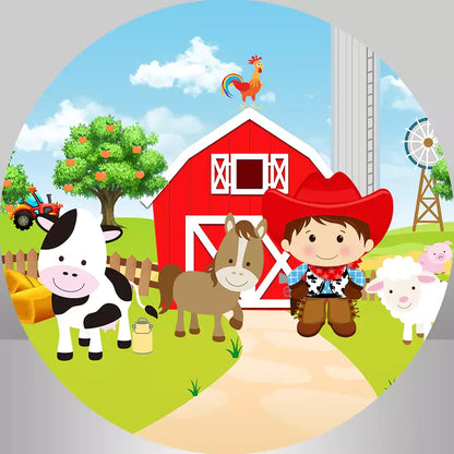 Colorful barnyard cowboy round backdrop, perfect for kids' farm-themed parties, with a farm scene including a barn, animals, and a friendly cowboy