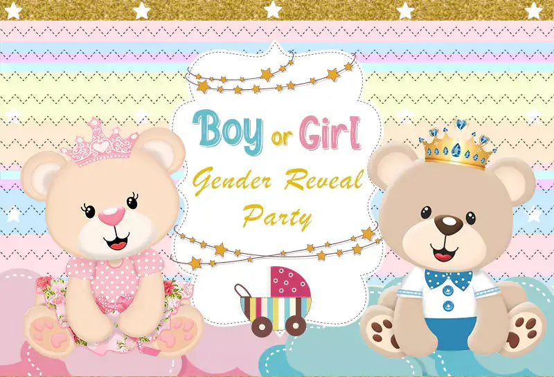 a gender reveal party banner with colorful background, two cute bears with crowns, boy or girl gender reveal party text.