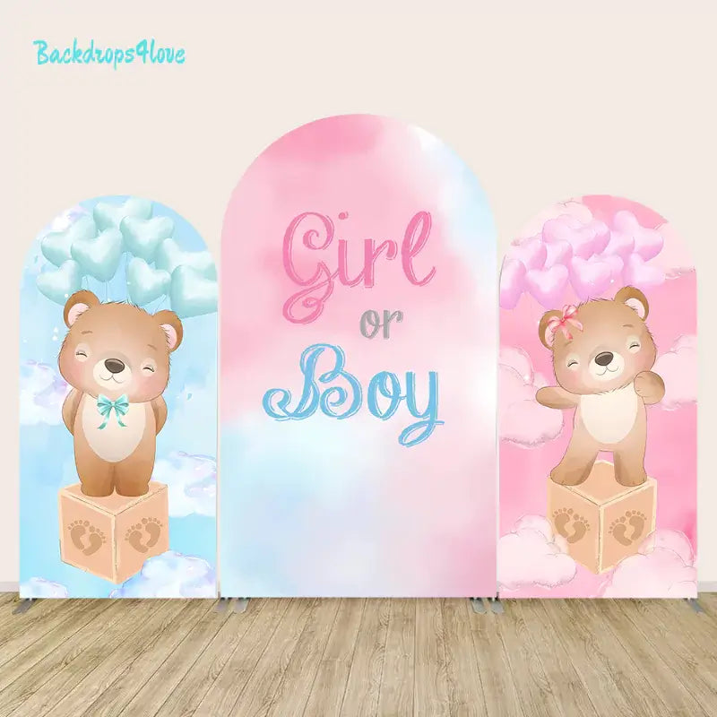 Adorable gender reveal arches for baby showers with teddy bear and heart balloon designs.