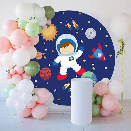 Dark Blue Cosmic Astronaut Spacewalk Theme Round Backdrop