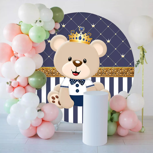 dark blue royal teddy bear prince birthday party round backdrop decorations