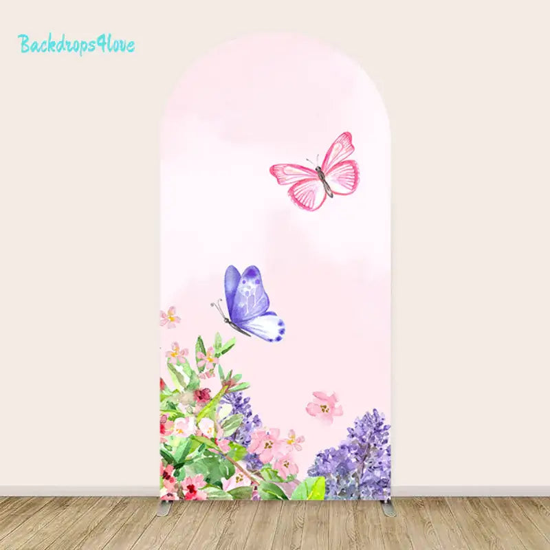 Left arch with pink background and purple butterflies among flowers