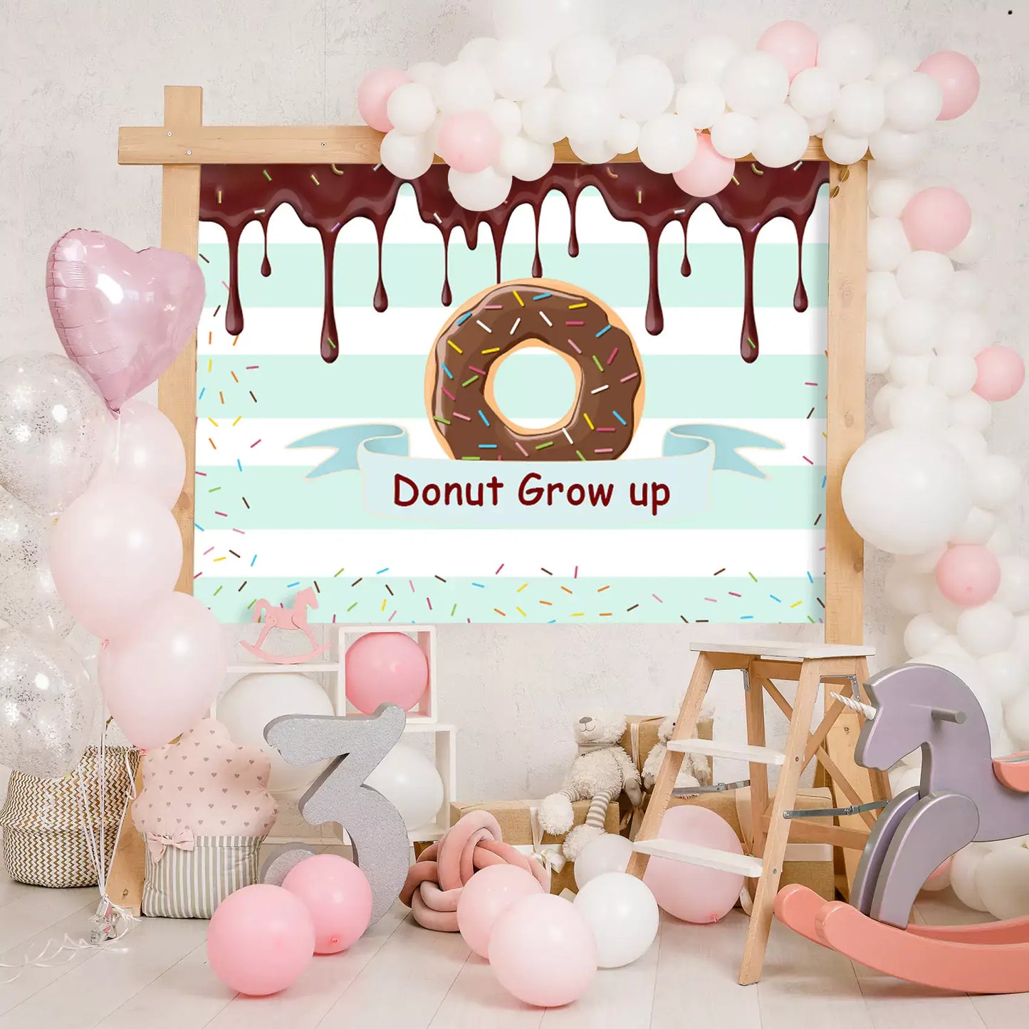 Donut Grow Up birthday backdrop with chocolate drip design and colorful sprinkles, perfect for kids' parties